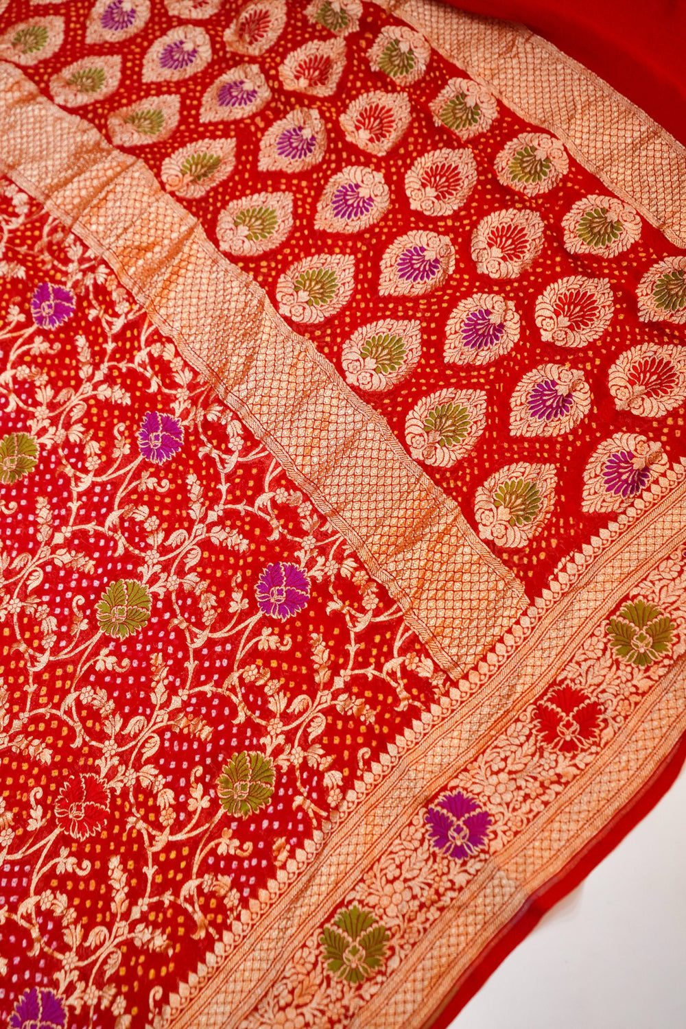 Candy Red Bandhani Georgette Khadi  Handwoven Banarasi Suit