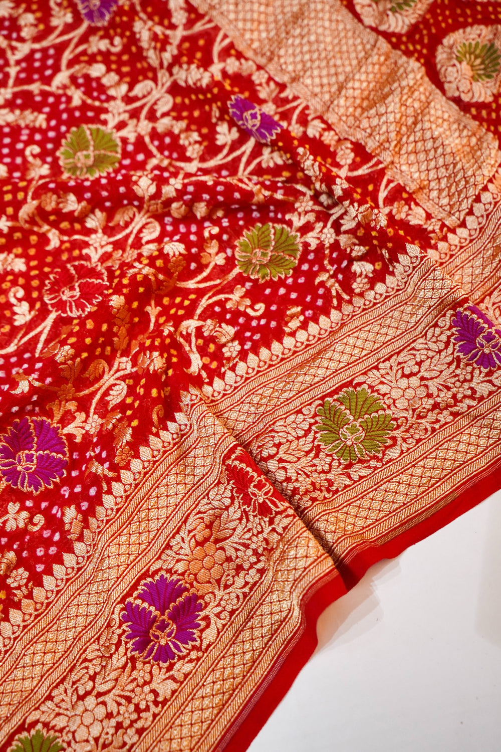 Candy Red Bandhani Georgette Khadi  Handwoven Banarasi Suit
