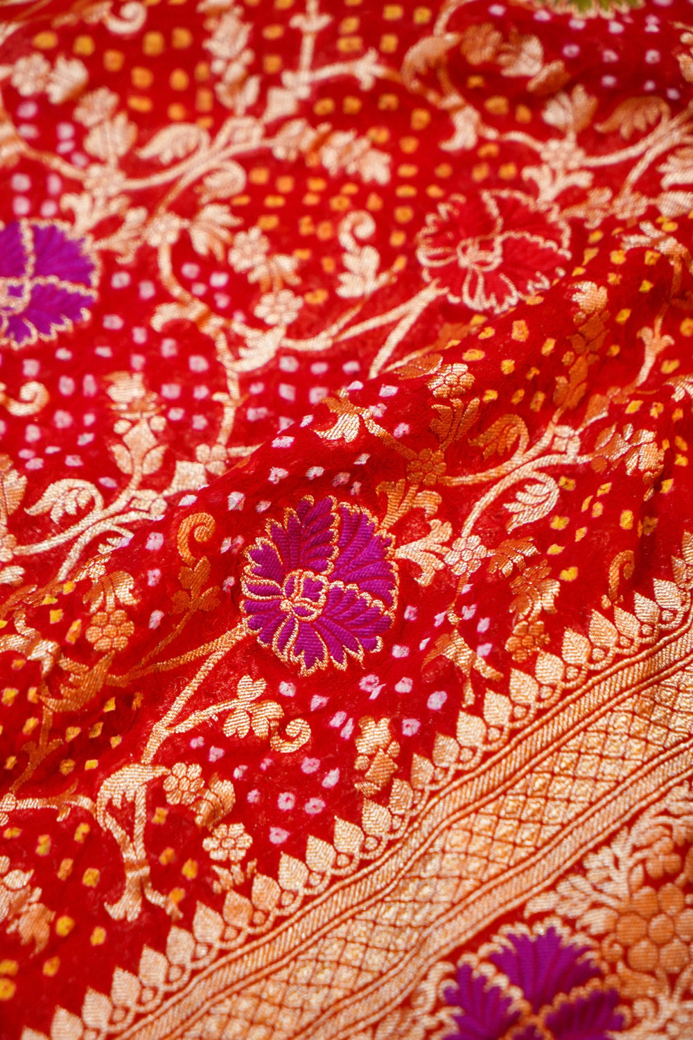 Candy Red Bandhani Georgette Khadi  Handwoven Banarasi Suit
