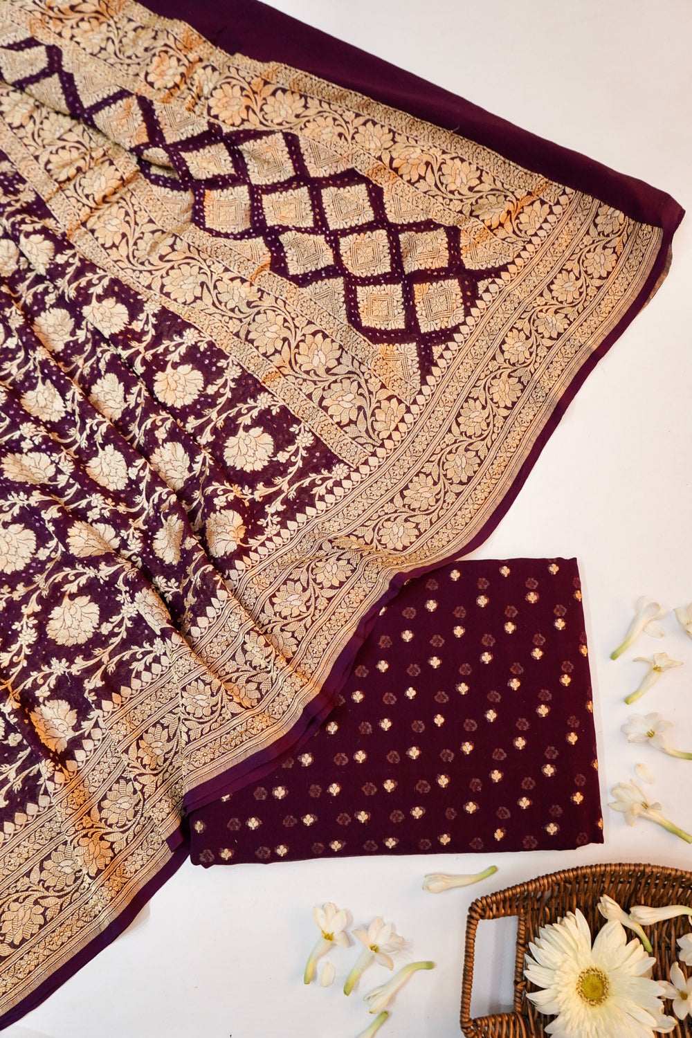 Wine Red Bandhani Georgette Khadi  Handwoven Banarasi Suit