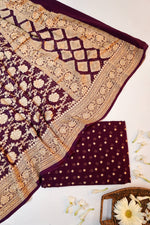 Wine Red Bandhani Georgette Khadi  Handwoven Banarasi Suit