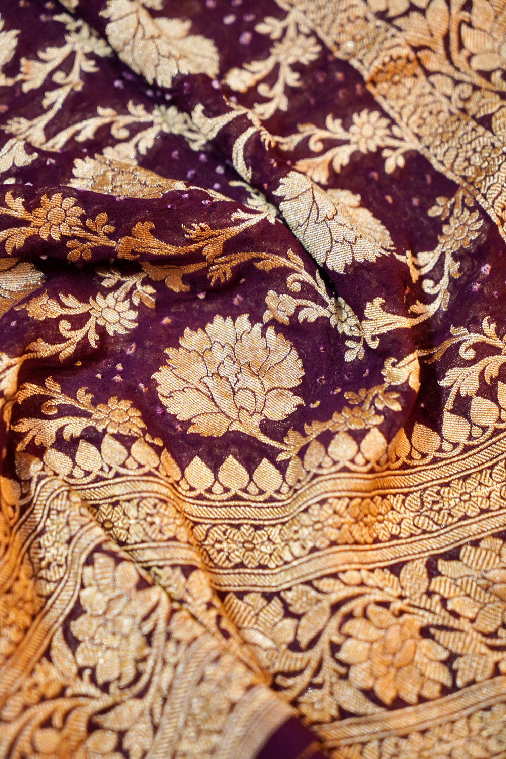 Wine Red Bandhani Georgette Khadi  Handwoven Banarasi Suit