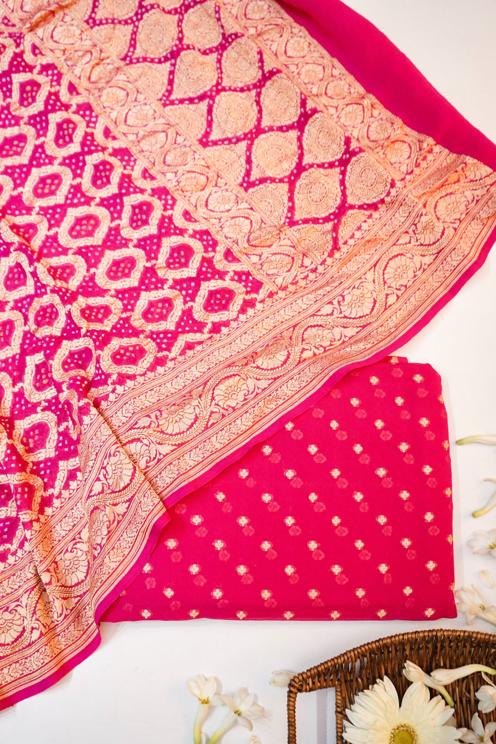 Hot Pink Bandhani Georgette Khadi  Handwoven Banarasi Suit