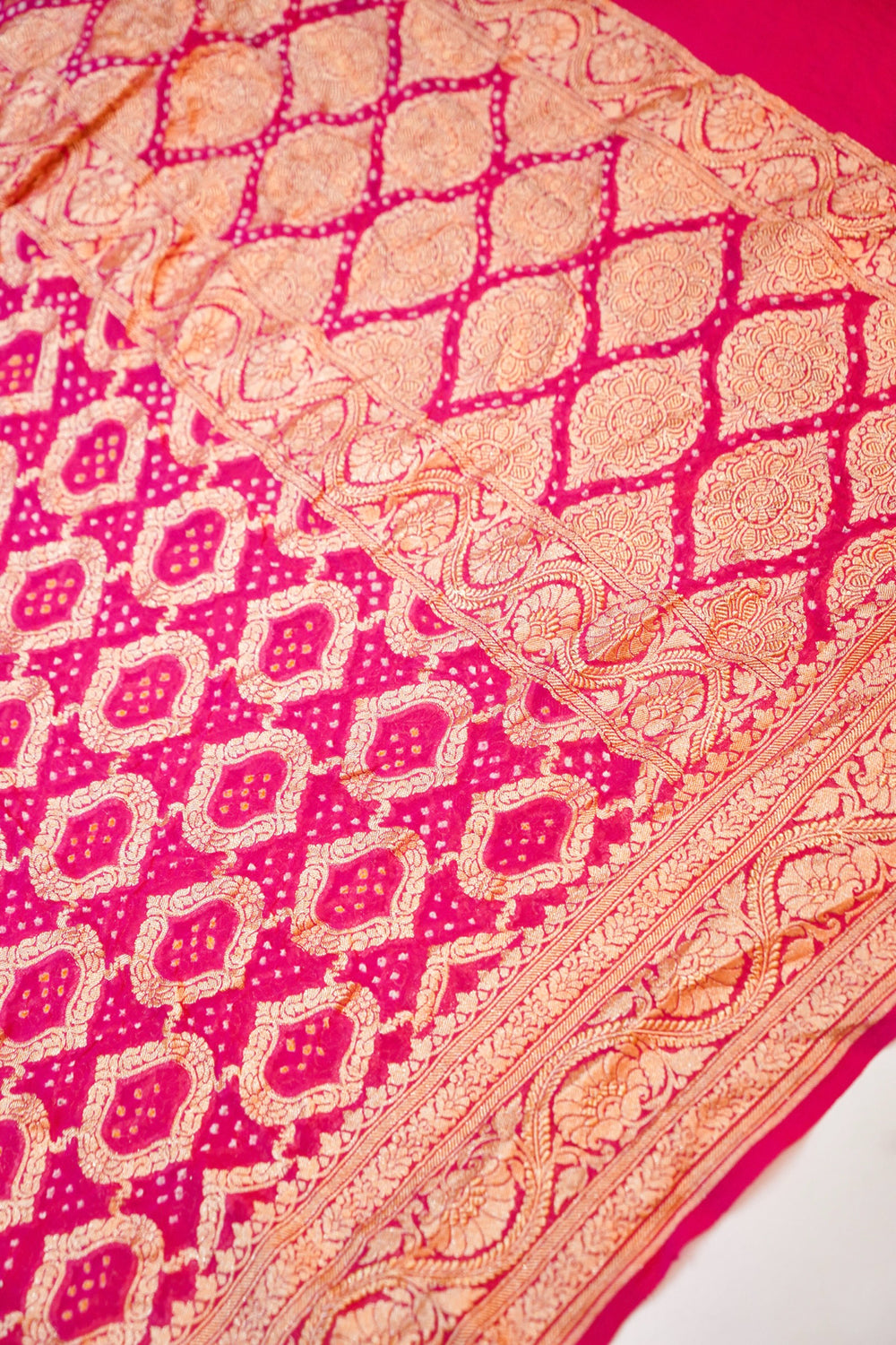 Hot Pink Bandhani Georgette Khadi  Handwoven Banarasi Suit