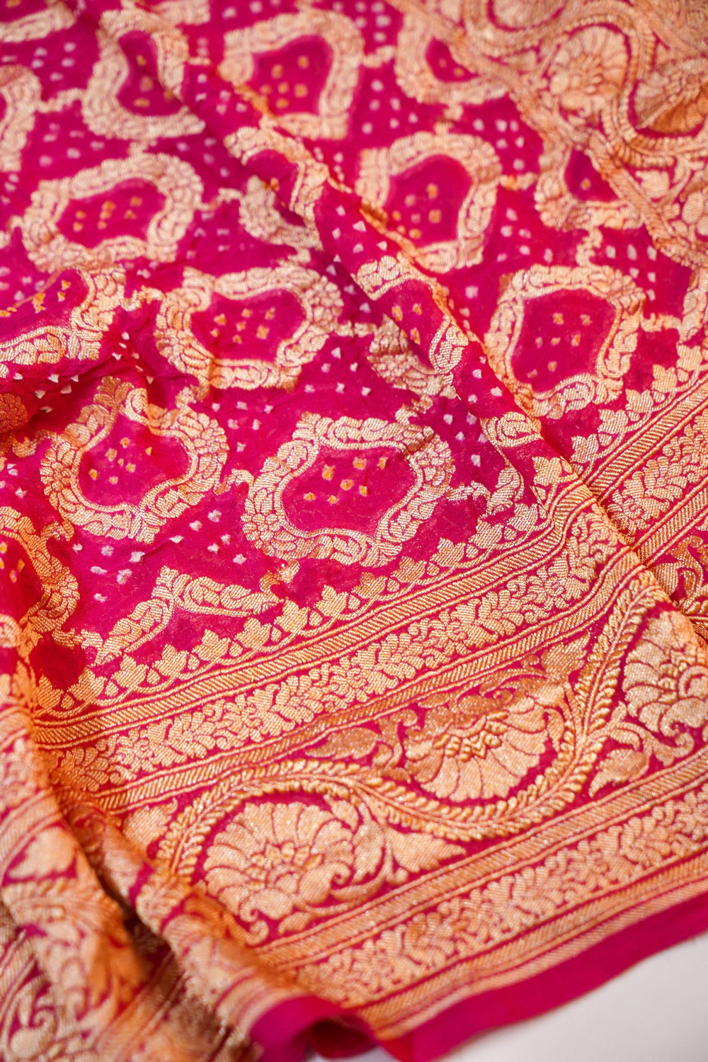 Hot Pink Bandhani Georgette Khadi  Handwoven Banarasi Suit