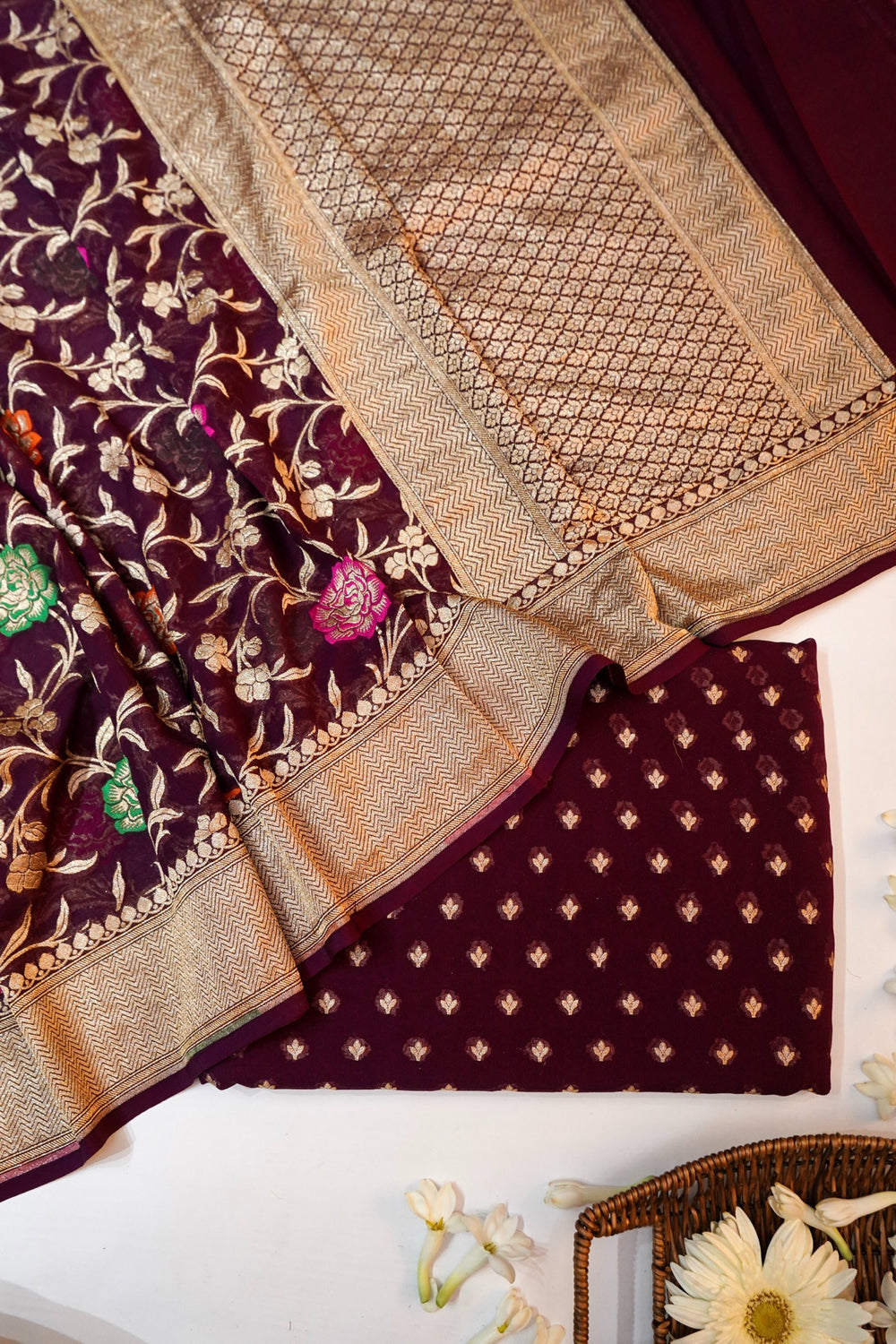 Wine Red Bandhani Georgette Khadi  Handwoven Banarasi Suit