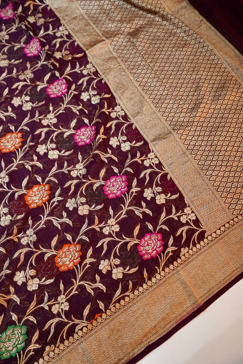 Wine Red Bandhani Georgette Khadi  Handwoven Banarasi Suit