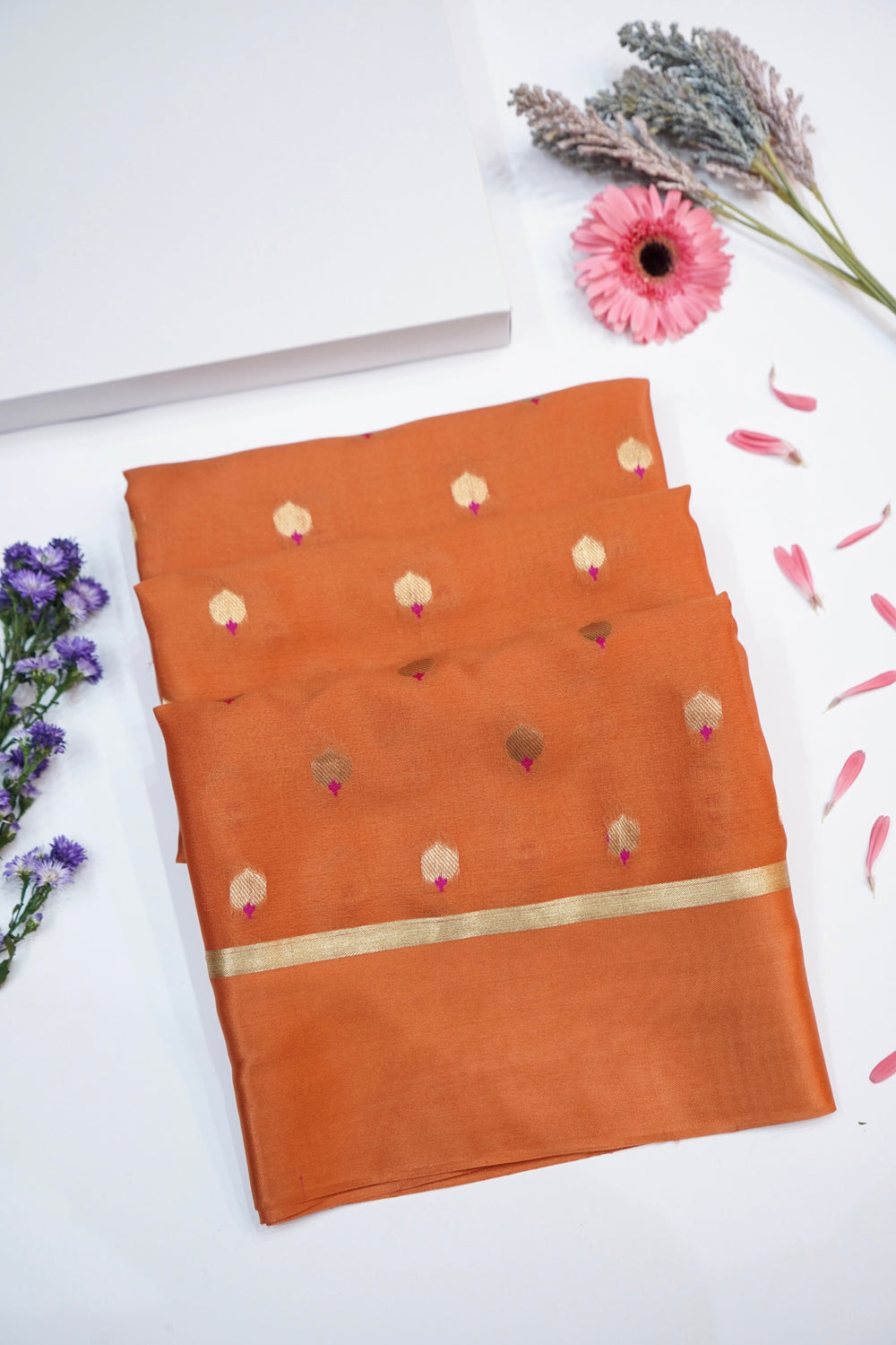 Fire Orange Booti Crepe  Handwoven Banarasi Saree