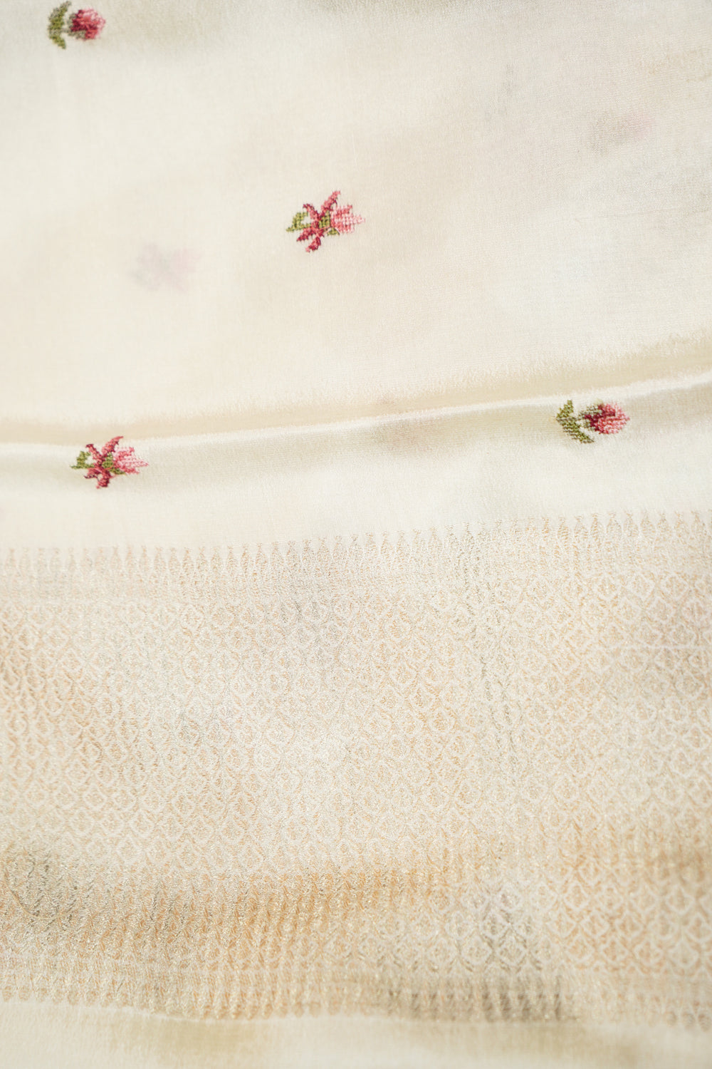 Ivory White Stripe Crepe  Handwoven Banarasi Saree