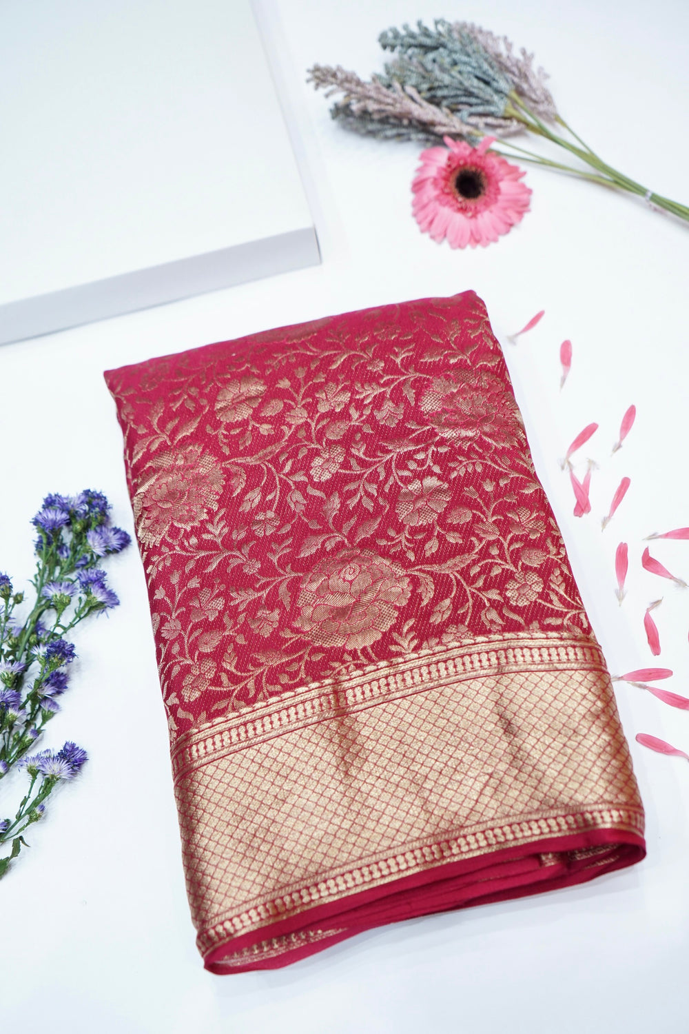 Cherry Red Jangla Crepe  Handwoven Banarasi Saree