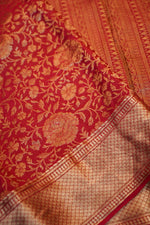 Cherry Red Jangla Crepe  Handwoven Banarasi Saree
