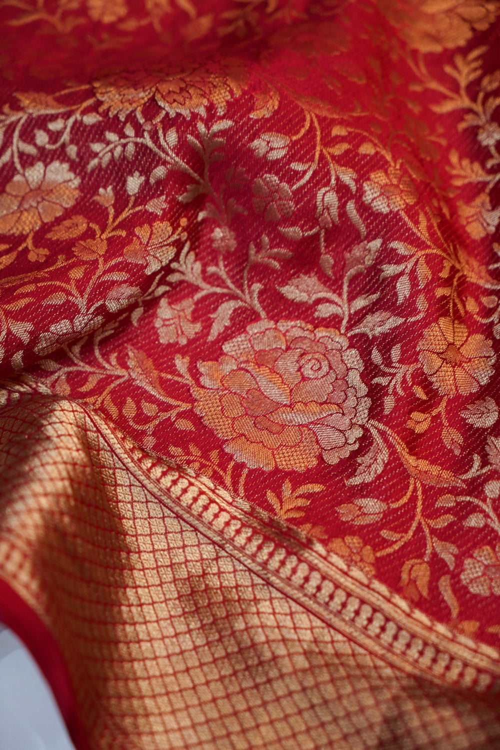 Cherry Red Jangla Crepe  Handwoven Banarasi Saree