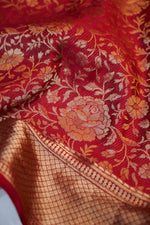 Cherry Red Jangla Crepe  Handwoven Banarasi Saree