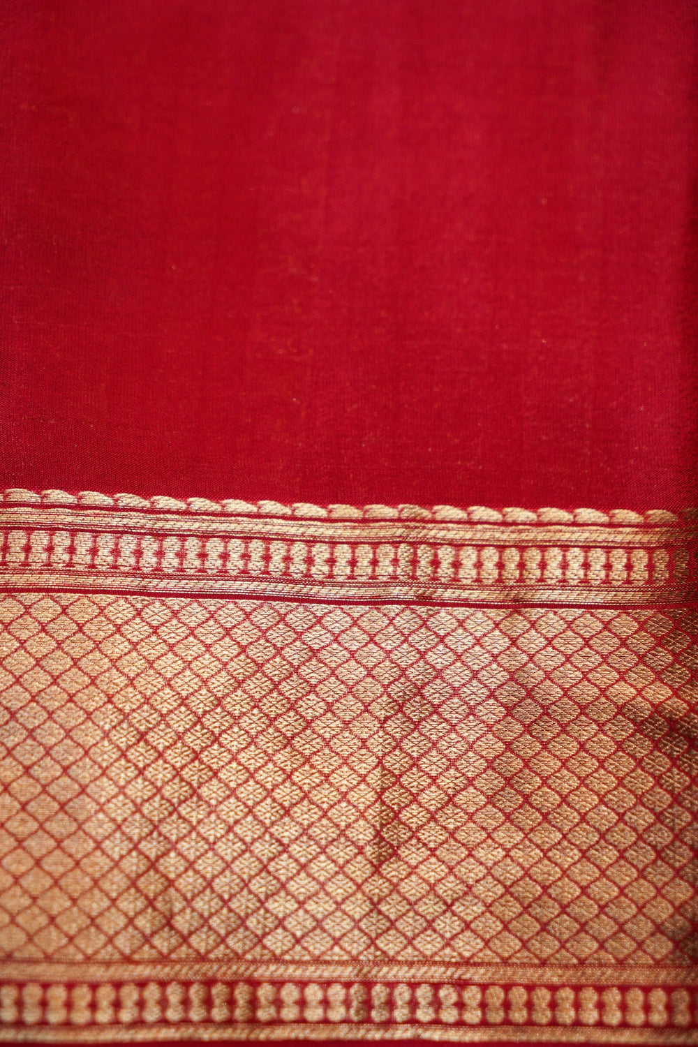 Cherry Red Jangla Crepe  Handwoven Banarasi Saree