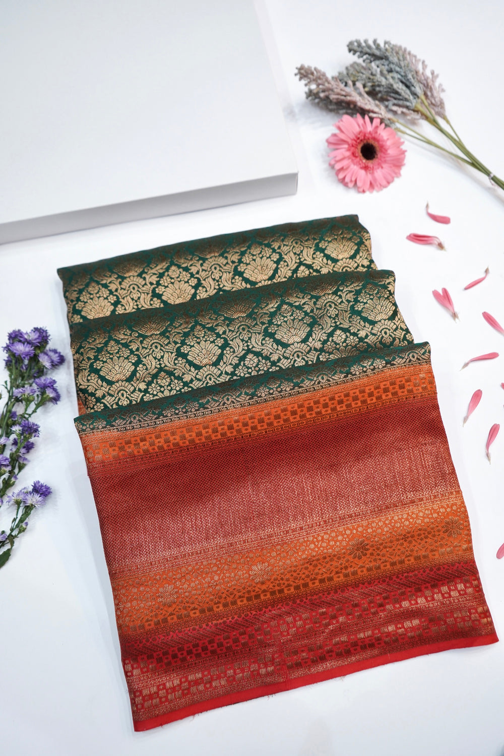 Pine Green Brocade Crepe  Handwoven Banarasi Saree