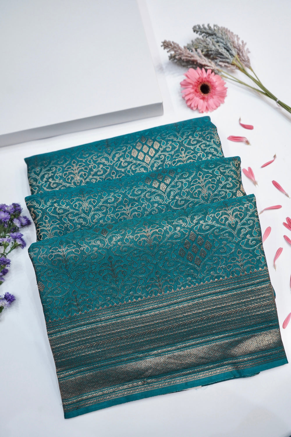 Ocean Blue Brocade Crepe  Handwoven Banarasi Saree
