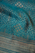Ocean Blue Brocade Crepe  Handwoven Banarasi Saree