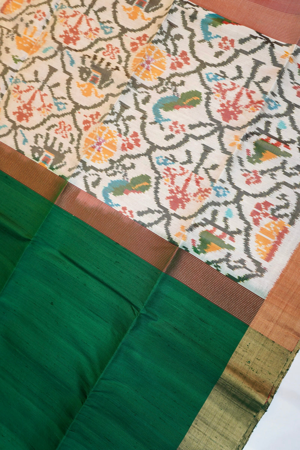 Pine Green Ikat Print Tussar Silk Handwoven Banarasi Saree