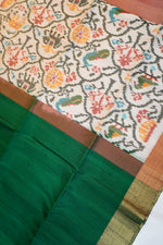 Pine Green Ikat Print Tussar Silk Handwoven Banarasi Saree