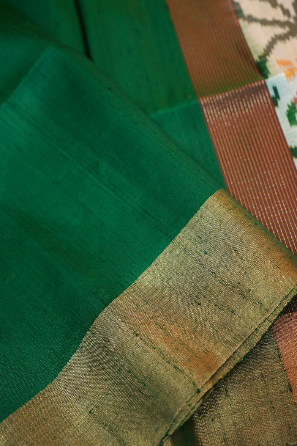 Pine Green Ikat Print Tussar Silk Handwoven Banarasi Saree