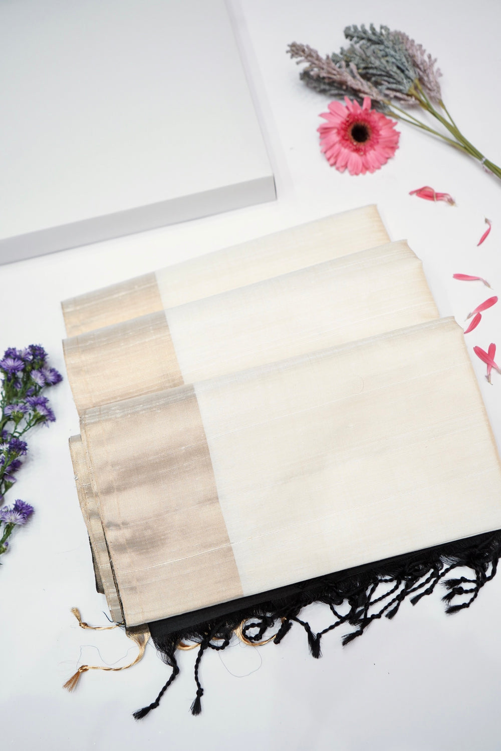 Pearl White Ikat Print Tussar Silk Handwoven Banarasi Saree