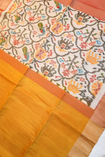 Gold Yellow Ikat Print Tussar Silk Handwoven Banarasi Saree