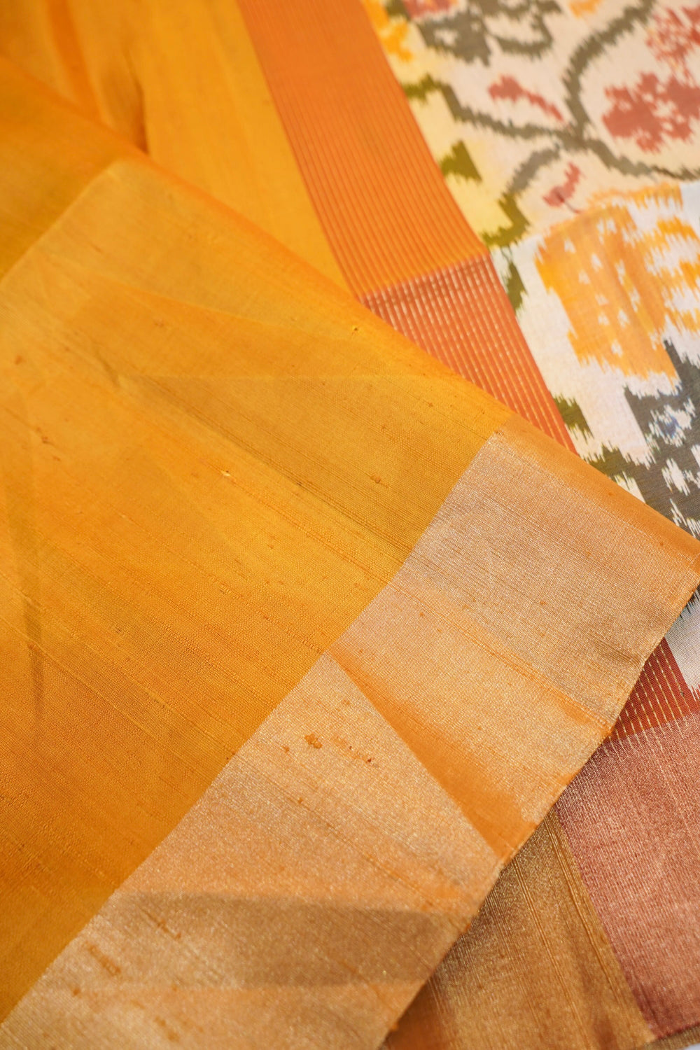 Gold Yellow Ikat Print Tussar Silk Handwoven Banarasi Saree