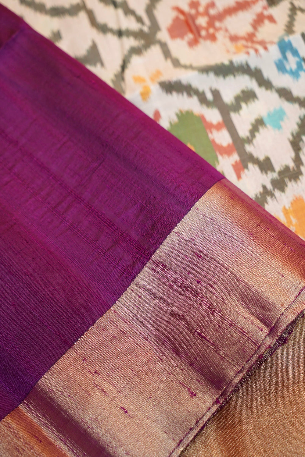 Boysenberry Purple Ikat Print Tussar Silk Handwoven Banarasi Saree