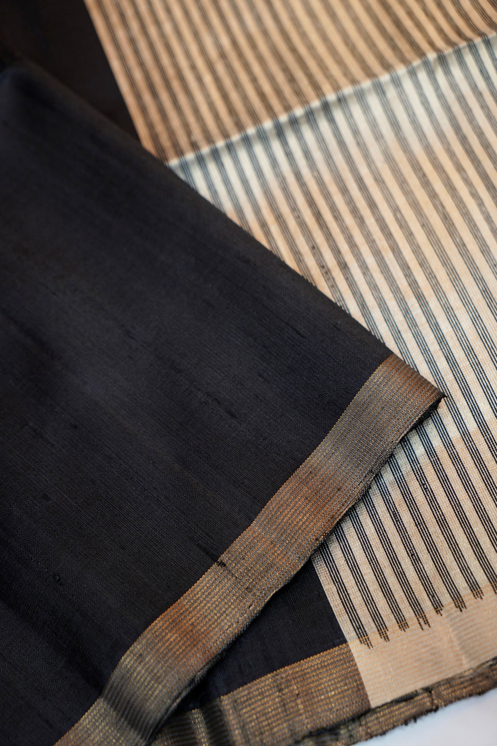 Midnight Black Stripe Tussar Silk Handwoven Banarasi Saree