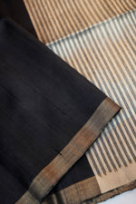 Midnight Black Stripe Tussar Silk Handwoven Banarasi Saree