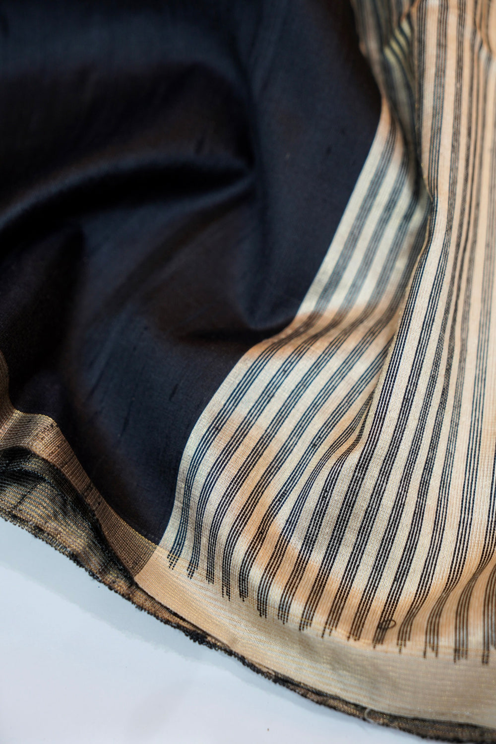 Midnight Black Stripe Tussar Silk Handwoven Banarasi Saree