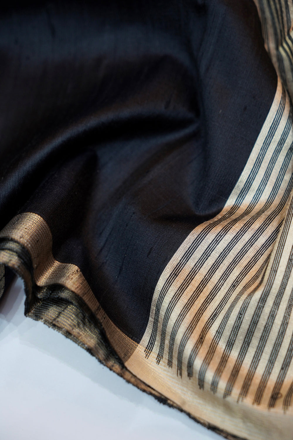 Midnight Black Stripe Tussar Silk Handwoven Banarasi Saree