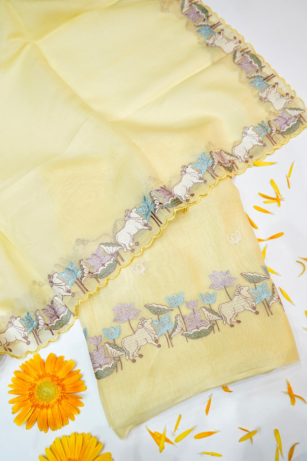Butter Yellow Resham Embroidery Cotton Handwoven Banarasi Suit
