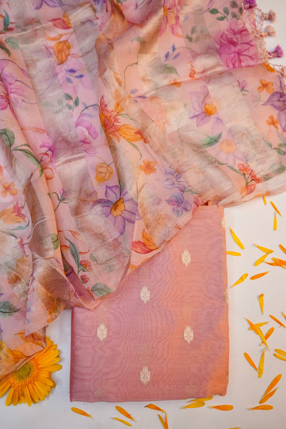 Rose Pink Booti Mul Chanderi  Handwoven Banarasi Suit