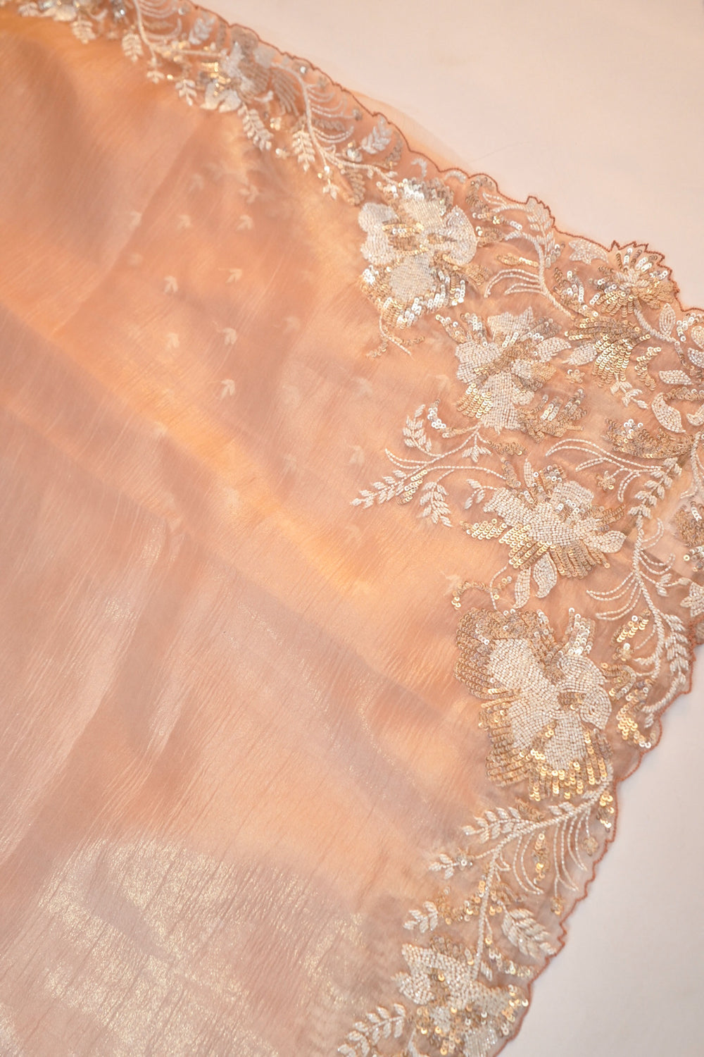 Peach Pink Tissue Silk Designer Saree