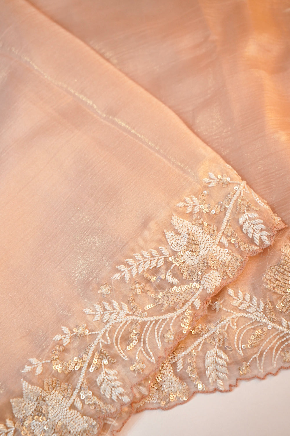 Peach Pink Tissue Silk Designer Saree