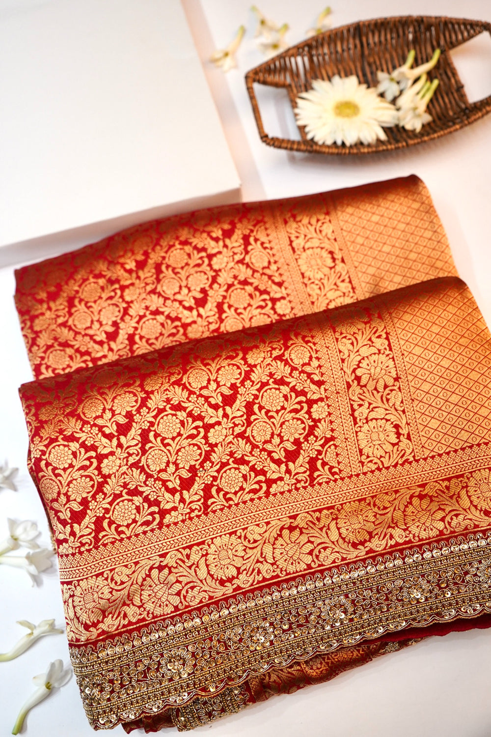 Candy Red Brocade Katan Silk Handwoven Banarasi Saree