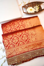 Candy Red Brocade Katan Silk Handwoven Banarasi Saree