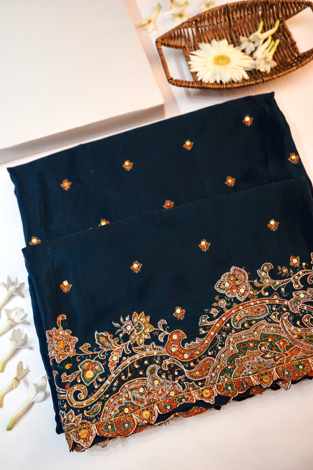 Peacock Blue Booti Crepe  Handwoven Banarasi Saree