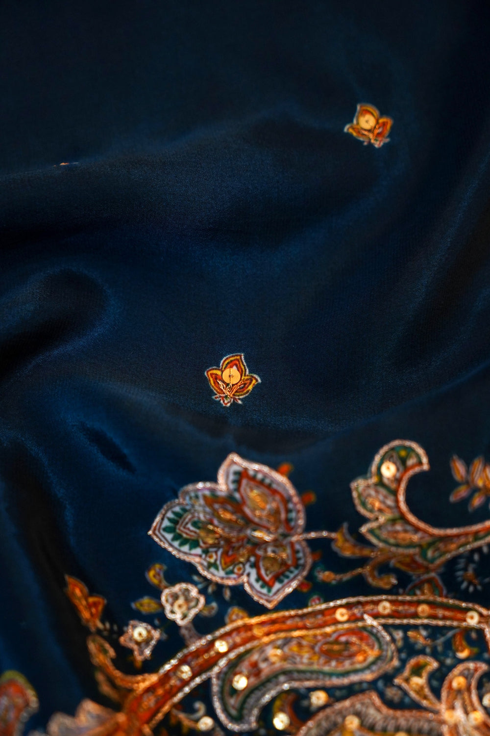 Peacock Blue Booti Crepe  Handwoven Banarasi Saree