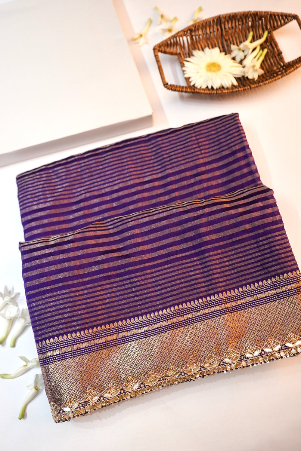 Violet Purple Stripe Moonga Silk  Handwoven Banarasi Saree