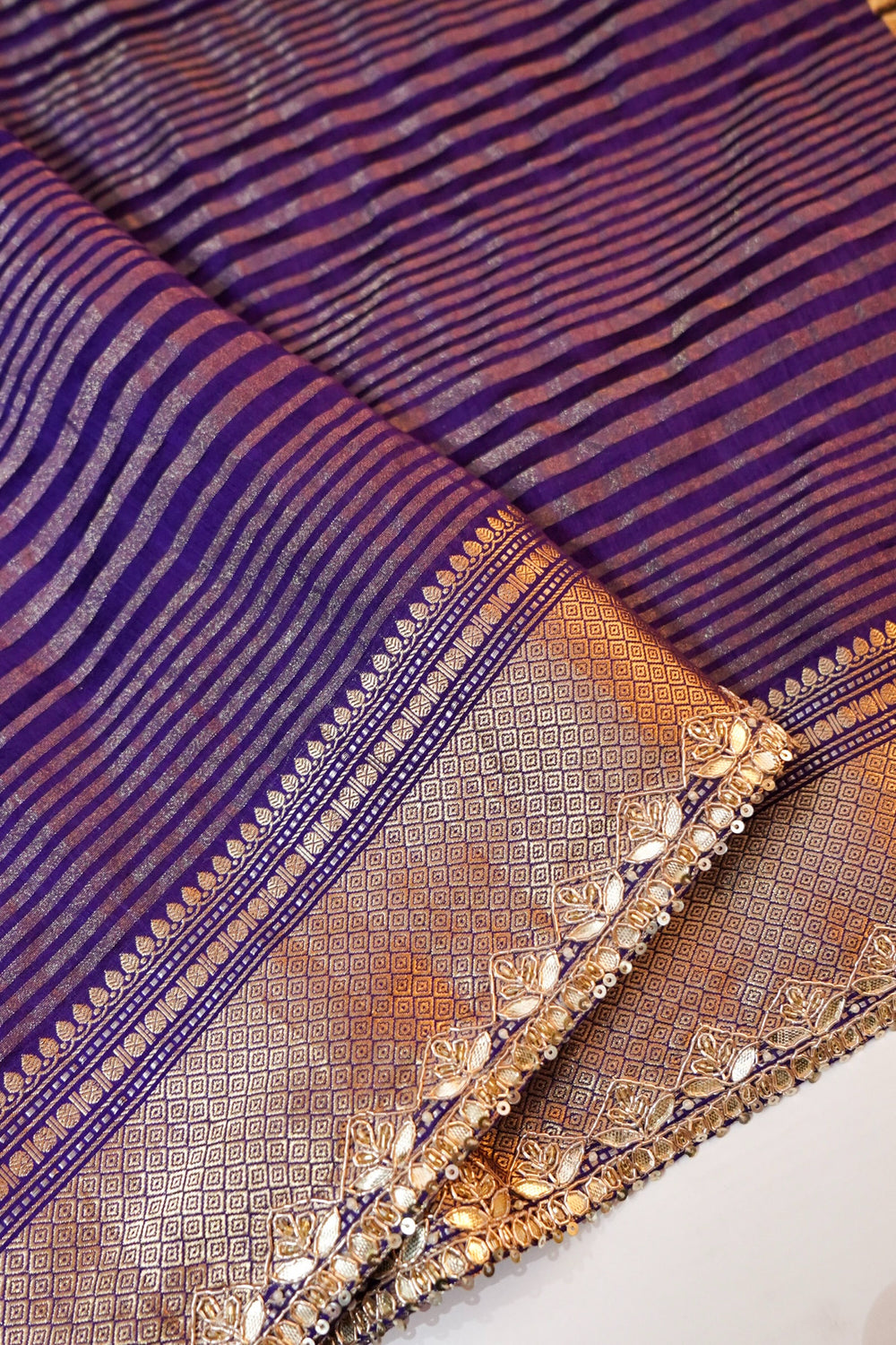 Violet Purple Stripe Moonga Silk  Handwoven Banarasi Saree