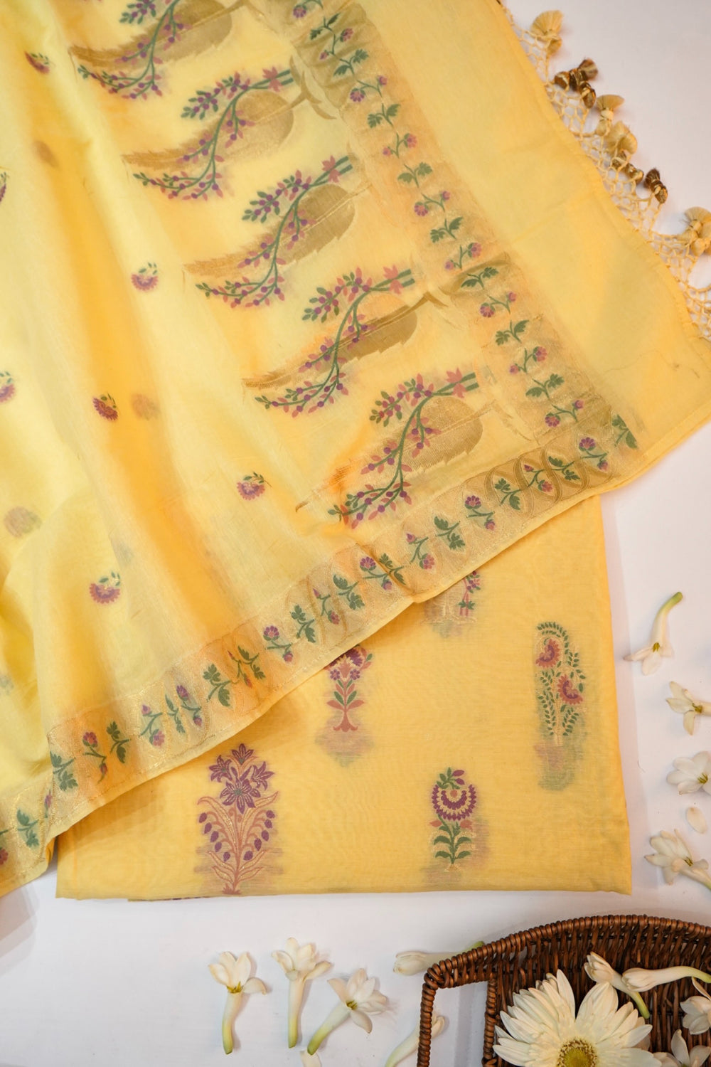 Macaroon Tan Booti Mul Chanderi Handwoven Banarasi Suit