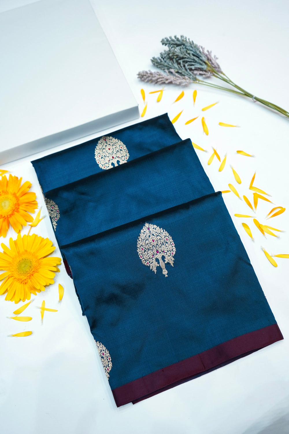 Peacock Blue Motif Katan Silk Handwoven Banarasi Saree