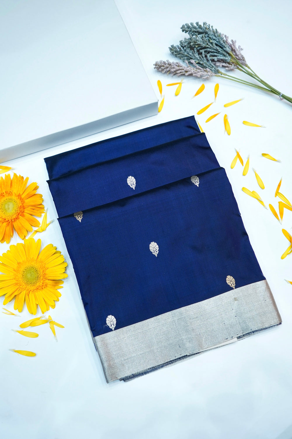 Indigo Blue Motif Katan Silk Handwoven Banarasi Saree