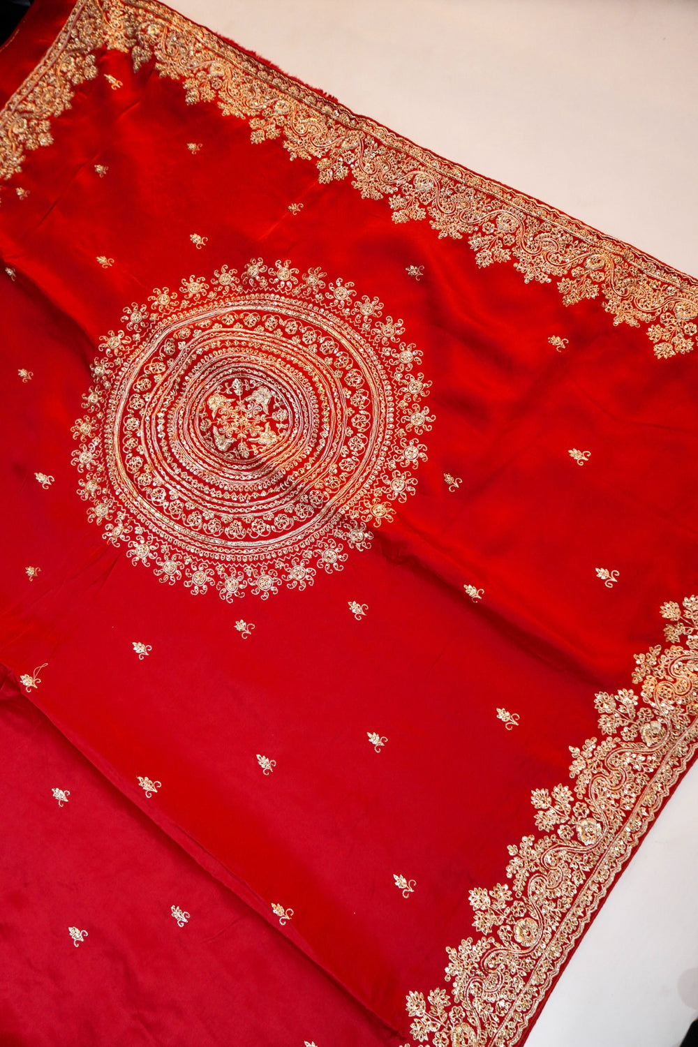 Crimson Red Hand Embroidery Crepe  Handwoven Banarasi Saree