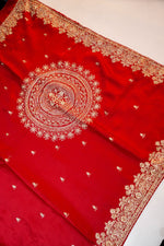Crimson Red Hand Embroidery Crepe  Handwoven Banarasi Saree