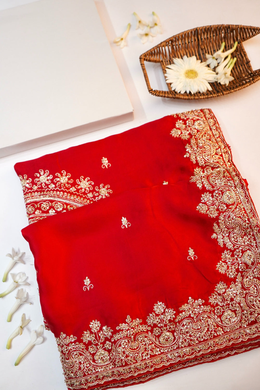 Crimson Red Hand Embroidery Crepe  Handwoven Banarasi Saree
