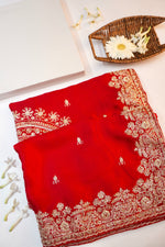 Crimson Red Hand Embroidery Crepe  Handwoven Banarasi Saree