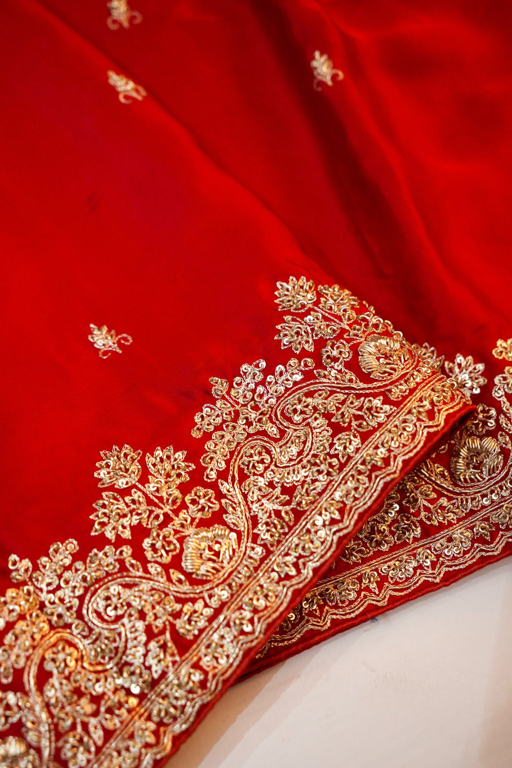 Crimson Red Hand Embroidery Crepe  Handwoven Banarasi Saree
